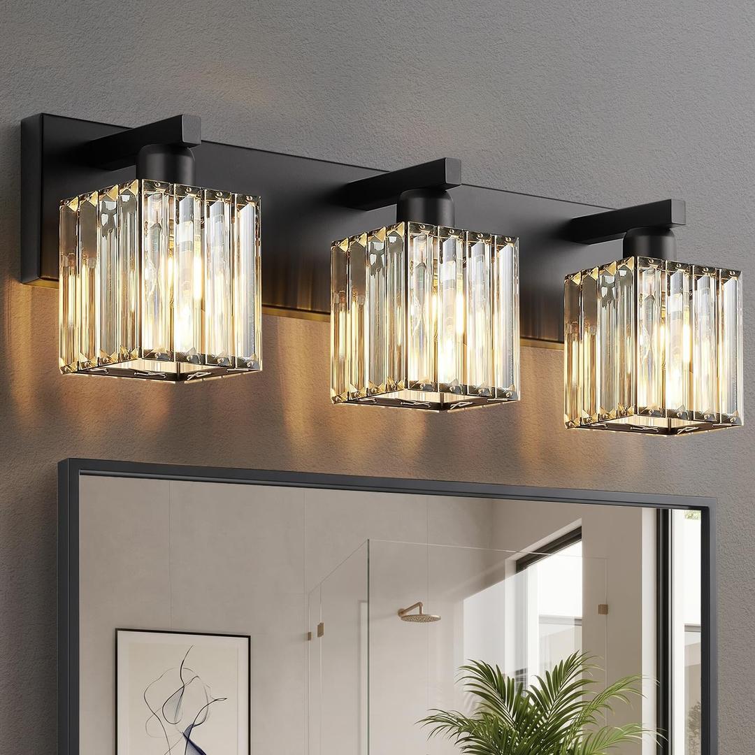 Bathroom Light Fixtures Matte Black 3-Light Crystal Vanity Lights