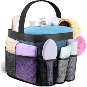 Attmu Mesh Shower Caddy Portable for College Dorm Room Essentials with 8 Pockets, Hanging Caddy Dorm Basket, Quick Dry Shower Bag for Bathroom (Black)