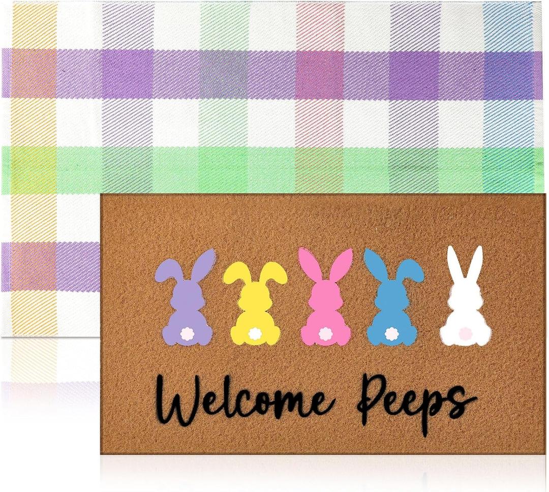 Duraaamo 2 Pcs Easter Coir Doormat Outdoor Rug Bunny Rabbits Welcome Door Mat Layered Buffalo Plaid Colorful Checkered Rug Coir Easter Mat for Outdoor Front Porch Entryway Decor