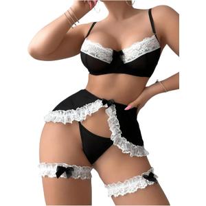 WDIRARA Women's 5 Piece Color Block Lace Trim High Cut Lingerie Set with Skirts and Leg Rings Black and White X-Large