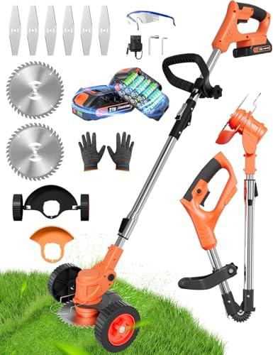 JarryStart Cordless Weed Wacker, Electric Weed Eater Battery Powered, Foldable 3 in 1 Grass Trimmer/Lawn Edger/Brush Cutter with 2 Batteries Removable Wheels
