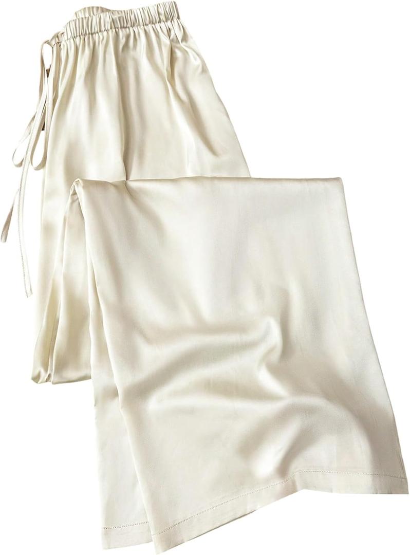 SHENHE Women's Satin Wide Leg Pants Drawstring Flowy Dressy Silky Business Causal Beach Vacation Pants (Apricot), Small