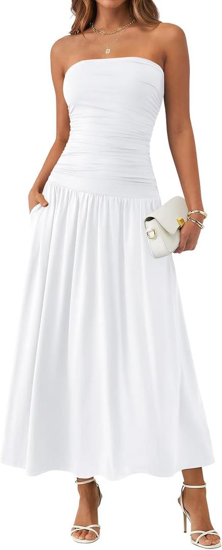Trendy Queen Women Maxi Strapless Summer Tube Top Dress 2026 Ruched A Line Wedding Guest Long Sundress Spring Beach Outfit White M