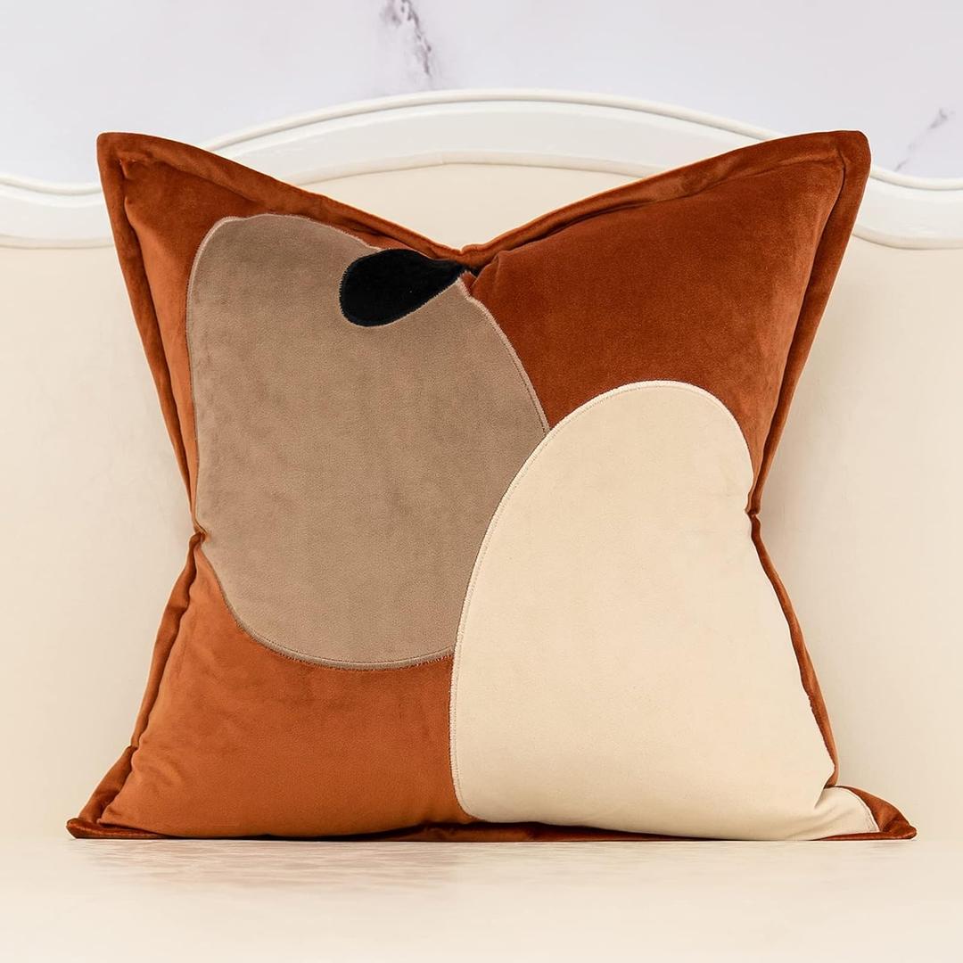 Yangest Dark Orange Decorative Velvet Throw Pillow Cover with Cloth Texture Patchwork Cushion Case Modern 18x18 Inch Pillowcase for Sofa Couch Bedroom Living Room Home Decor