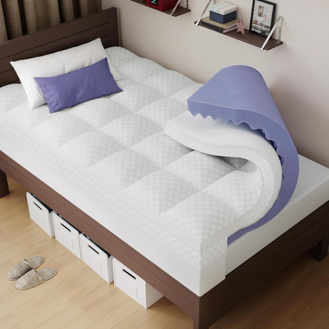 Downluxe 4 Inch Twin Memory Foam Mattress Topper Pro Dual Layer 2 Inch Cooling Gel Egg Crate Memory Foam Plus 2 Inch Pillow Top Medium Firm with Deep Pocket (White)