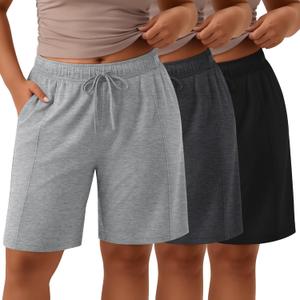 Velvelhall 3 Pack Women's Plus Size Bermuda Shorts Wide Leg Elastic Drawstring Athletic Shorts Yoga Pants with Pockets(Black, Dark Gray, Light Gray, 4X-Large)