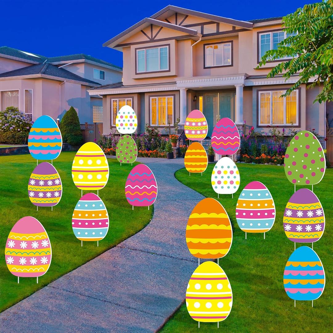 Fovths 18 Pieces Easter Colorful Eggs Yard Signs Two-sided Waterproof Eggs Lawn Yard Sign with Stakes Outdoor Lawn Signs Decor for Easter Party Favor