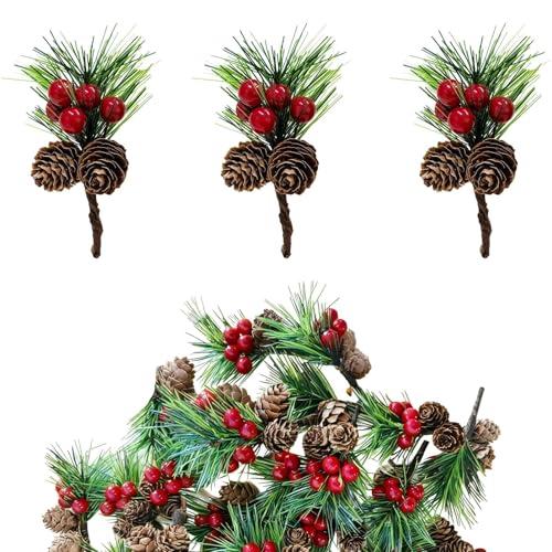 Heyigrow 20 Pcs Christmas Pine Picks, Artificial Needles Branches Red Berries Pine Cones Decoration for Wreath Tree Gift