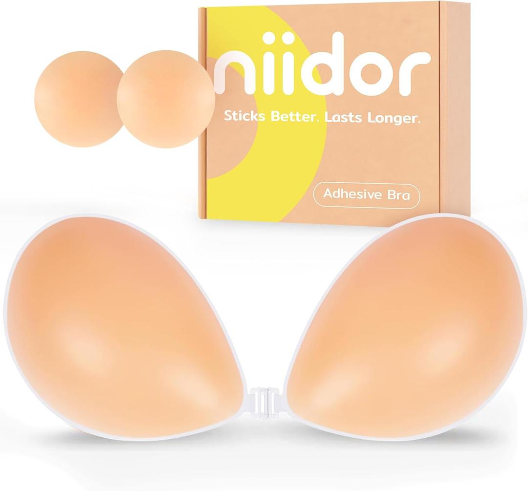 Niidor Adhesive Bra Strapless Ultra Sticky Invisible Push up Silicone Bra Multiple Colors Sizes Reusable for Backless Dress (Creme)
