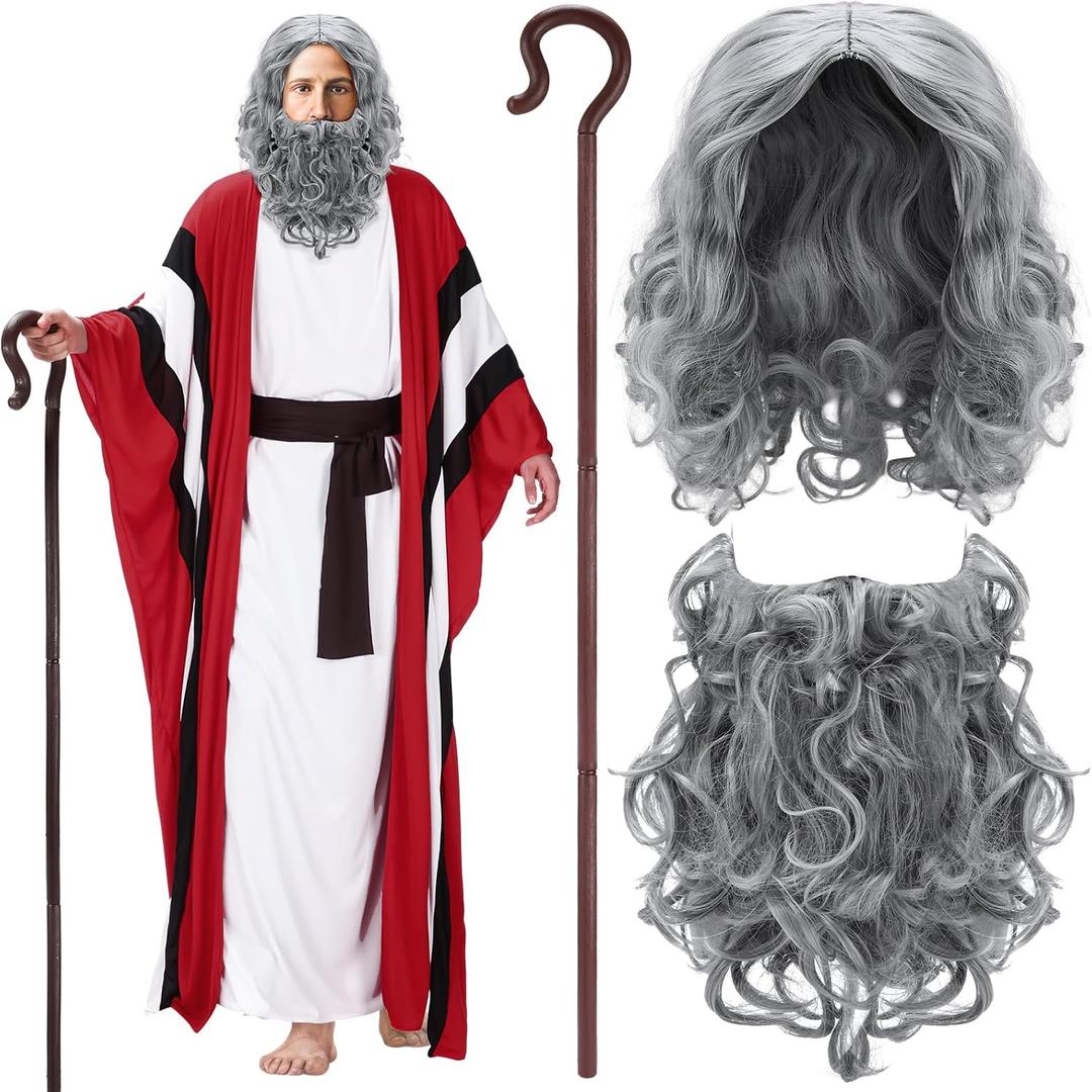 6 Pcs Mose Costume Satin Pesach Biblical Costumes Accessory Wig Beard Cane for Passover Seder Church Plays Adult