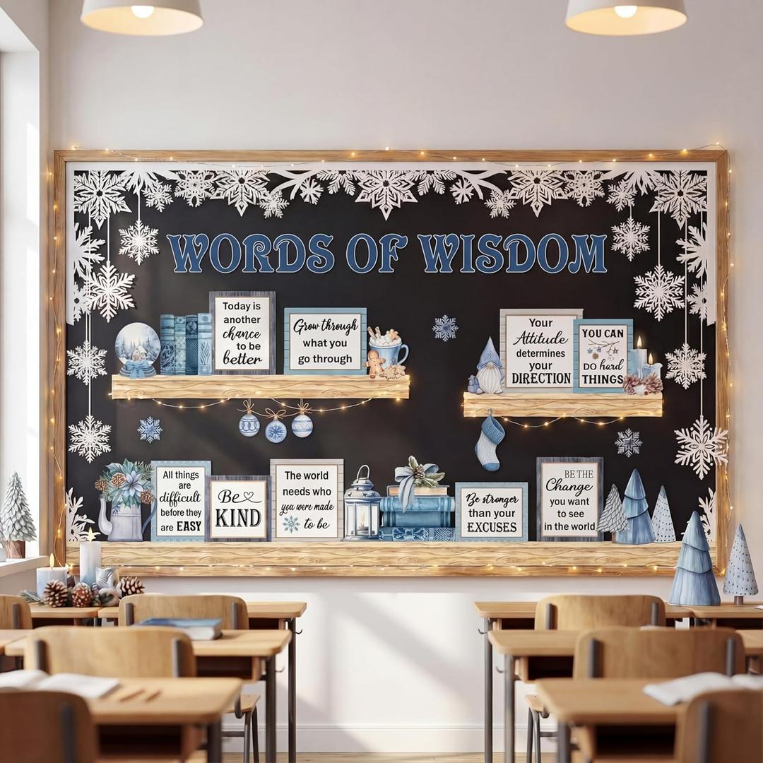 Qilery Winter Bulletin Board Decorations Set  Inspirational Quotes Posters, Seasonal Classroom Wall Decor, Holiday Bulletin Board Kit with Snowflake Lantern Cutouts for Teachers Office Library Home
