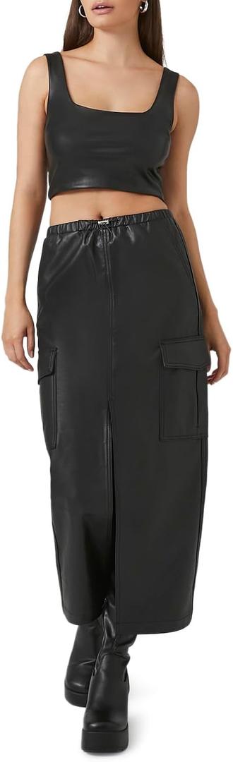 Forever 21 Women's Faux Leather Maxi Slit Skirt (Medium, Black)