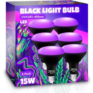 TigQiang 6 Pack Black Light Bulbs, Blacklight Bulb 120W Equivalent, E26 BR30 LED Black Light Bulb 385-400nm for Halloween Christmas Decorations, Body Paint, Glow in The Dark Party, Fluorescent Poster