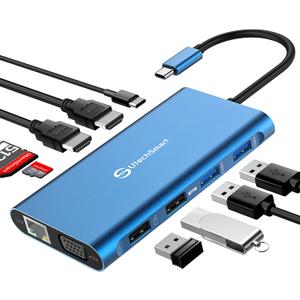 UtechSmart 11 in 1 Docking Station, Triple Monitors USBC Laptop Docking Station with 2 HDMI, VGA, PD3.0, SD TF Card Slot, 4 USB Ports USB-C Adapter Compatible for MacBook & Windows(Blue)