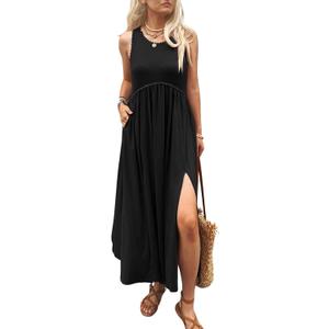 Women's Maxi Dress Summer Sleeveless Crewneck Swing Sundress Casual Loose Long Dresses with Pockets (Black)