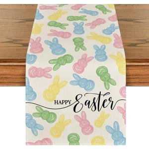 Artoid Mode Colorful Bunny 210 GSM Happy Easter Table Runner, Seasonal Spring Kitchen Dining Table Decoration for Home Party Decor 13x72 Inch (Beige)
