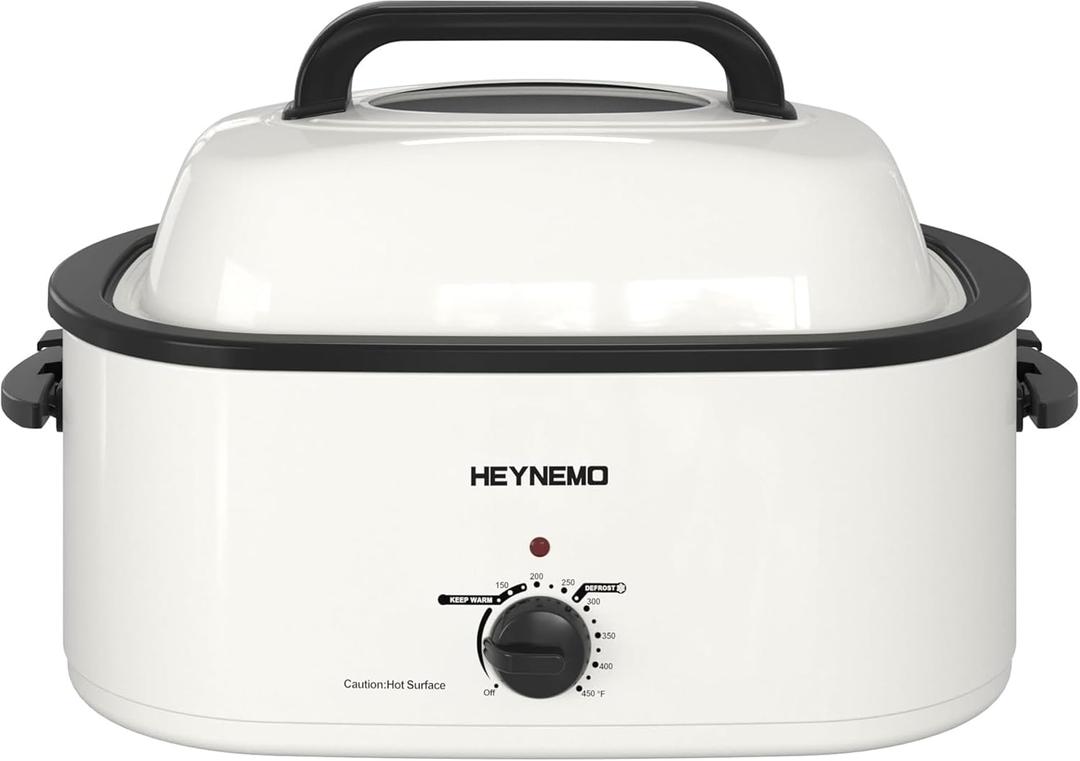 Roaster Oven, Electric Roaster Oven 26 Quart with Viewing & Self-Basting Lid, Turkey Roaster with Defrost & Warm Function, Large Electric Roaster Pan with Removable Pan & Rack, Stainless Steel, White