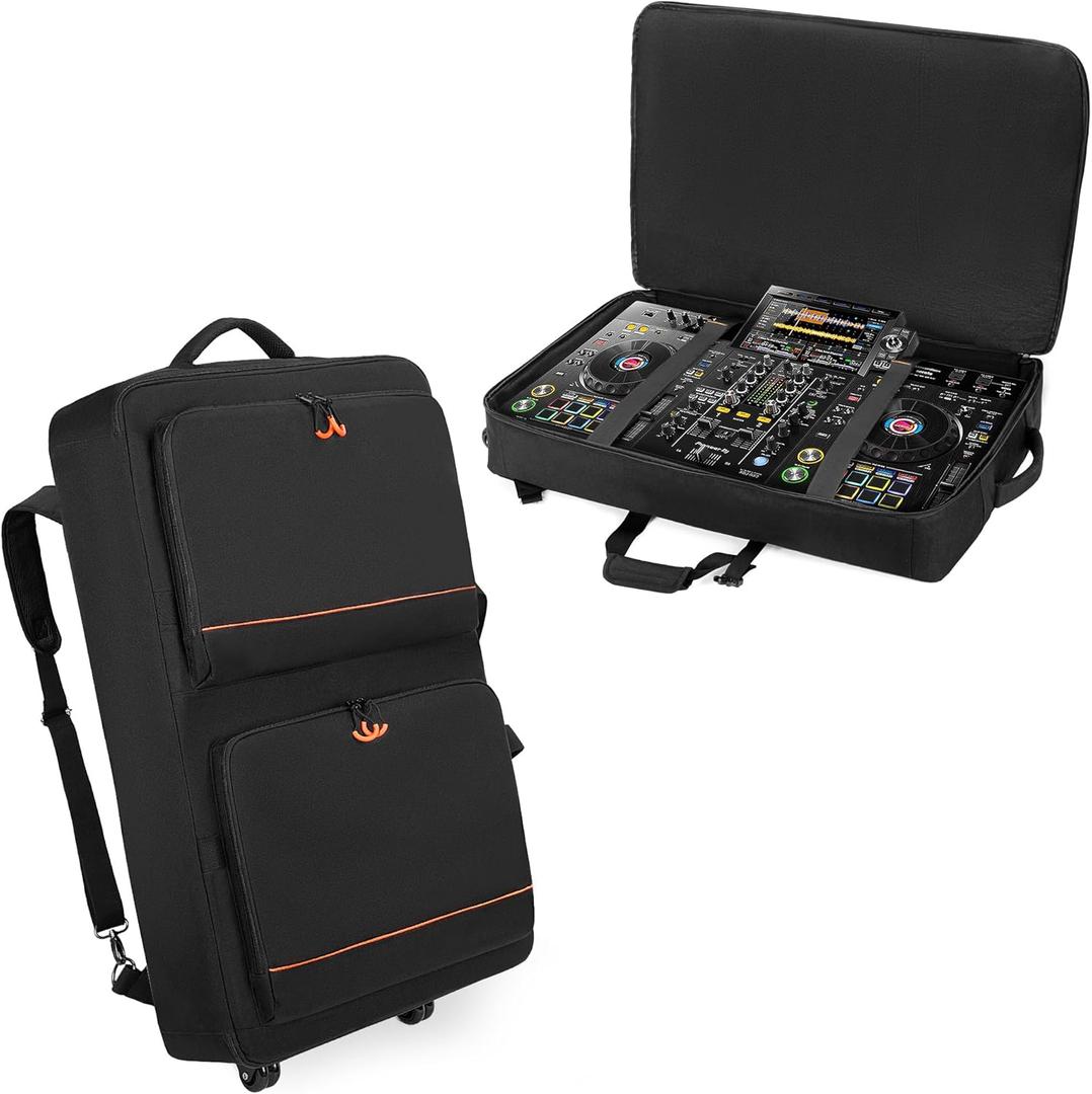 DJ Controller Bag Backpack with Wheels Compatible with Pioneer XDJ RX2/ XDJ RX3/ XDJ-RX/DDJ FLX10/ DDJ REV7/ DDJ 1000, Wheeled DJ Carrying Case with 2 Accessory Pocket, Padded DJ Mixer Bag