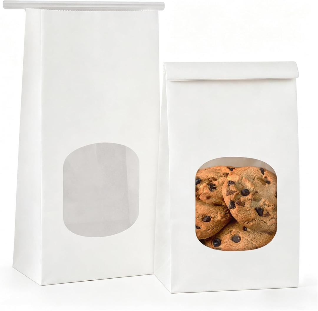 100 Pack Bakery Bags with Window, 3.9x2.3x8 Inches Tin Tie Tab Paper Cookie Bags White Small Gift Bag for Packaging Popcorn, Trail Mix, Treats, Snacks, Baked Goods, Party Favors | Grease Resistant, Resealable