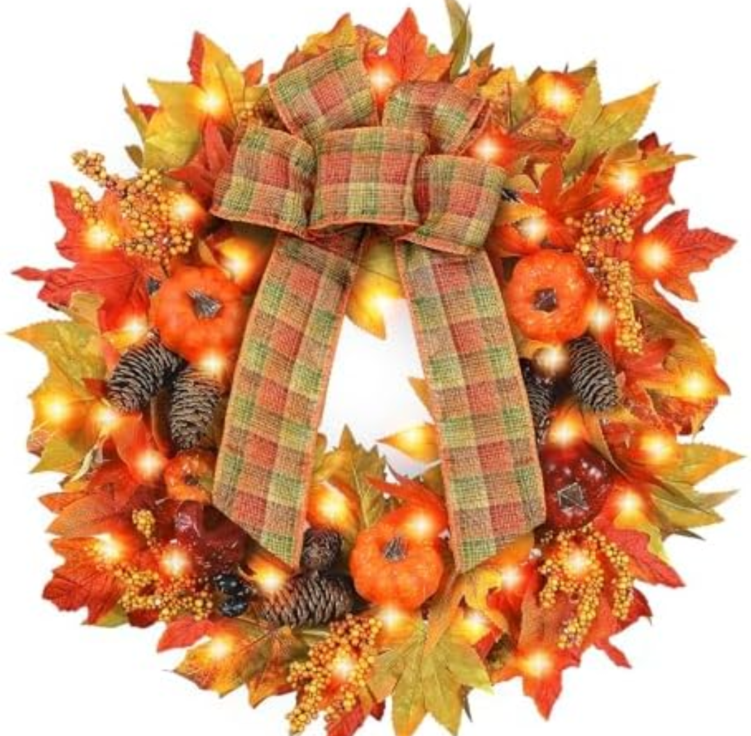 Fall Door Wreaths with Lights, 24 inch Large Farmhouse Pumpkin Wreath with Bow for Autumn Wreaths for Front Door Outside Table Centerpiece Thanksgiving Harvest Decor