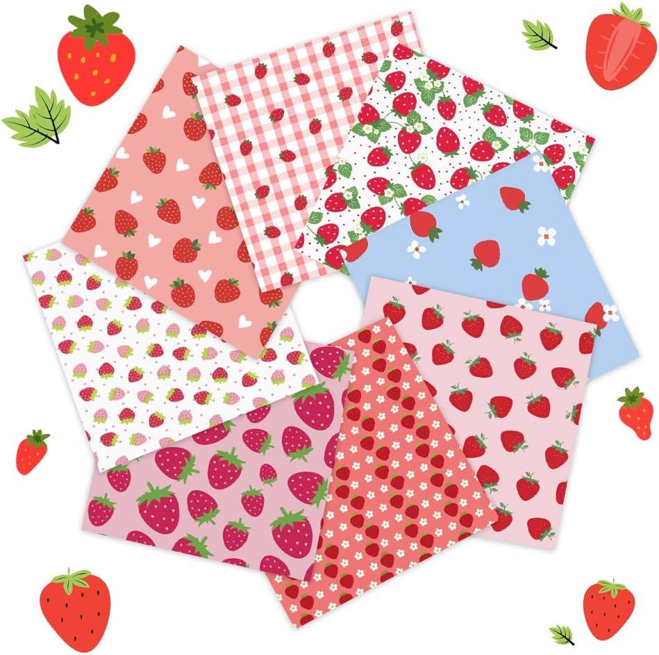 Strawberry Fabric 8 Pieces, Strawberry Fabric Squares Quilting - 19.7x15.7inch/50x40cm, Sweet Strawberries Florals Printed Multi Color Precut Patchwork for Sewing Project, Patchwork, DIY Crafts