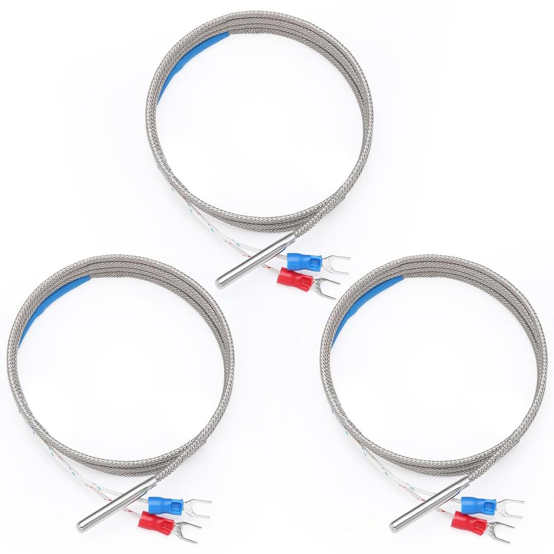 DROK High Temperature Resistant K Type Thermocouple Probe - 3pcs Metal Wrapped Type K Thermocouple with Silver Spade Terminal for PID Temperature Controller, Measure Range 32-1112F (0-600C), 1 Meter