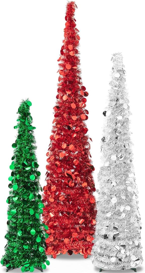 Poen 3 Pcs 6ft 5ft 4ft Pop up Christmas Tinsel Tree Collapsible Reusable Pop up Tree Slim Artificial Easy Assembly Tinsel Christmas Tree for Christmas Party Holiday Decoration, Red Silver Green