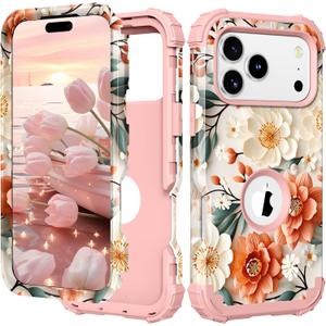 PIXIU Unique Flower Pattern Compatible with iPhone 17 Pro 6.3 inch case,Heavy Duty Dual Layer Shockproof Full-Body Protective Sturdy Hybrid Cute Rugged Case for Women,Girls,Kids-White/Orange (A14)