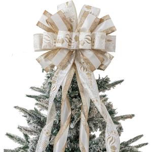 Christmas Tree Topper, 40x13 Inches Toppers Bow with Glitter Satin Mesh Streamer and Patterned Ribbon, Christmas Tree Topper Bow for Christmas Home Decoration (Pink)