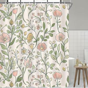Boho Farmhouse Floral Shower Curtain, Vintage Delicate Pink Yellow Flowers & Green Leaves Print Polyester Bath Curtains, Waterproof Curtain Set with Hooks Decorative Curtains for Bathroom Bathtub (72"W x 72"L (Pack of 1))