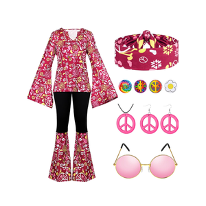 Jiuguva 17Pcs 60s 70s Outfits for Women Hippie Costume Set Disco Outfit Dress Boho Flared Pants Hippie Shirt Headband XXL