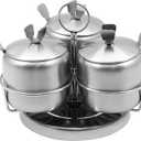 3pcs Revolving Sugar Bowl with Lid and Spoon, Stainless Steel Seasoning Condiment pots Rotating Spice Jar Set with Rack Spice Container for Home and Kitchen (3pcs Revolving Style)