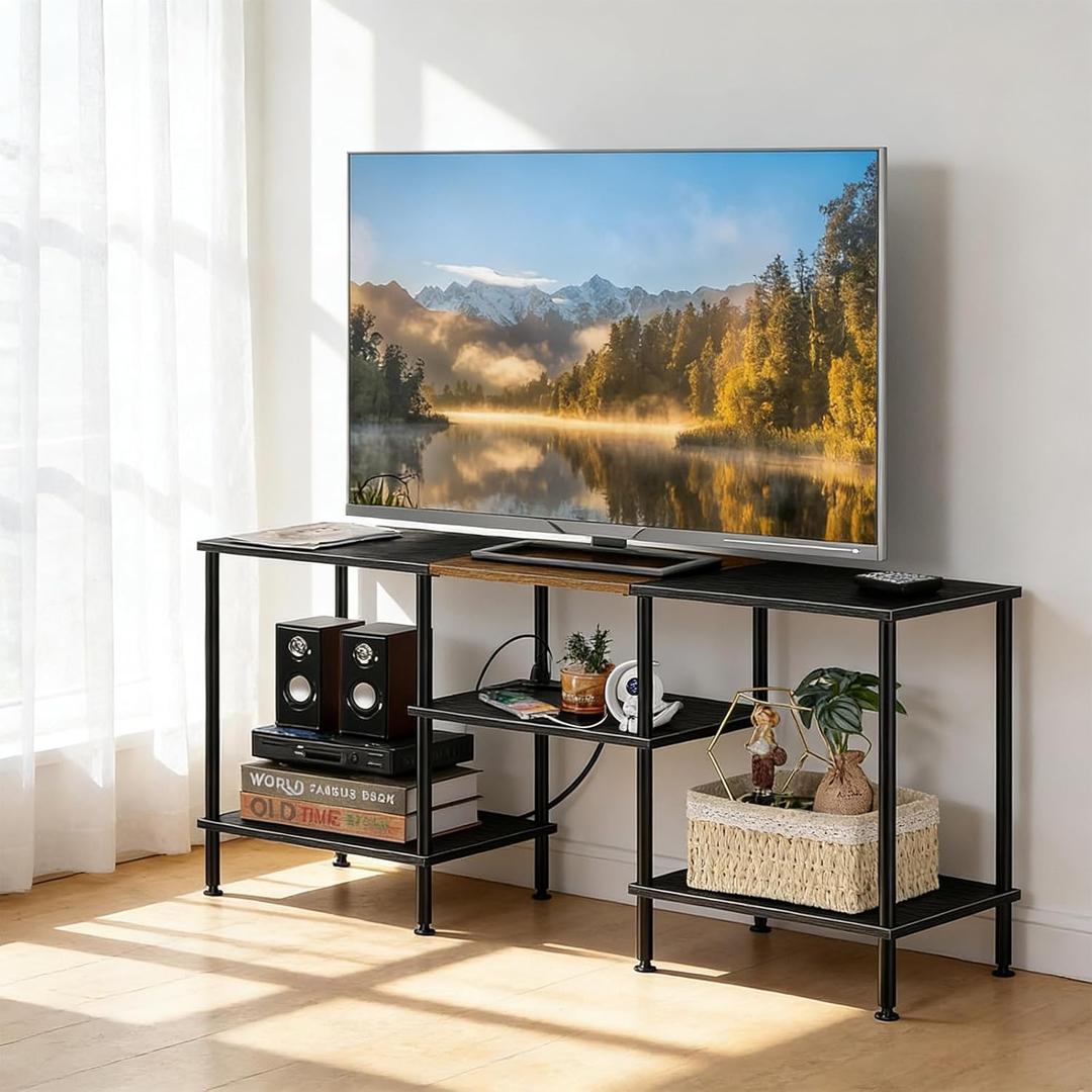 OYEAL Black Bedroom TV Stand with Power Outlets up to 50 inch TV, Small Entertainment Center Stand with Storage Modern Media TV Console Table for Living Room Bedroom
