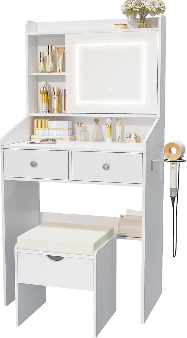 Vanity, Small Vanity Desk with Sliding Mirror, Dimmable LED Lights, 2 Drawers,Vanity Table Ideal for Bedroom (White)
