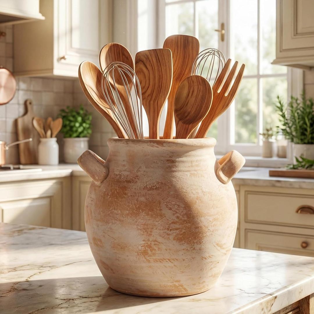 Havawish Rustic Kitchen Utensil Holder for Countertop - Farmhouse Ceramic Utensil Crock with Handle for Spatulas Vintage Kitchen Utensils Holder Cooking Organizer, Fit Ladle, Eggbeater (Rustic Beige)