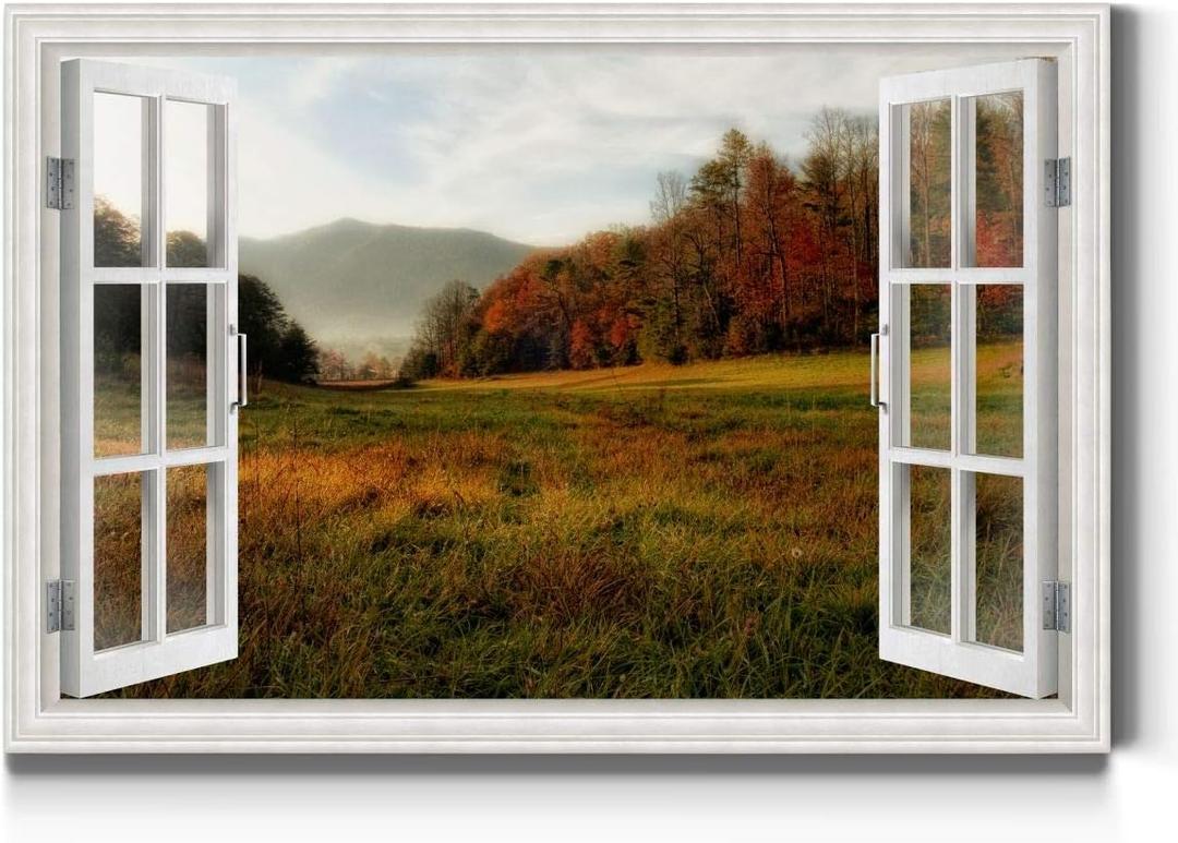 Renditions Gallery Canvas Nature Wall Art Home Paintings & Prints Serene Autumn Mountain Forest Modern Rusitc Window View Wall Hanging Decorations for Bedroom Office Kitchen - 32"x48" LT21