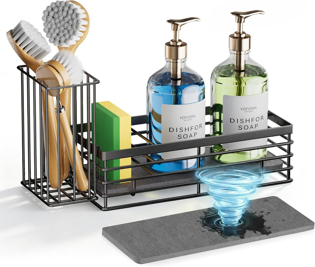 Yofidra Sponge Holder for Kitchen Organizer: Sink Caddy with Instant Drying Stone, Metal Stainless Steel, 9.3" X 4" Home Decor Storage and Organization Accessories, Black (Medium)