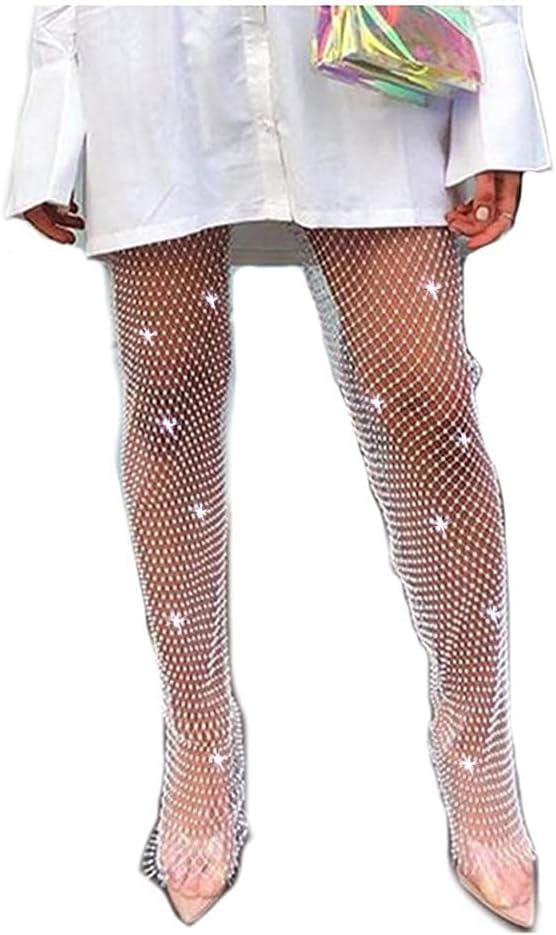 Yokawe Rhinestones Fishnet Pants Black Mesh See Through Leggings Sexy Cover Up Hollow Out Outfit Nightclub Rave Festival Body Chain for Women and Girls