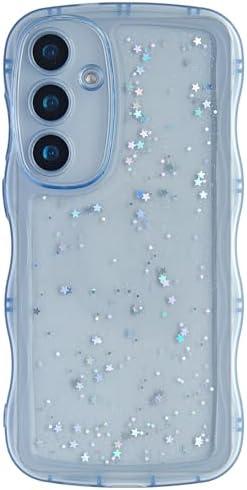 GUNPRIO Glitter Case for Galaxy S24, Cute Wave Frame Curly Shape Sparkly Shiny Cover, Samsung Galaxy S24 Bling Cover Stylish Durable Protective Case for Girls Women, Blue
