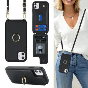 Lipvina for iPhone 11 Phone Case with Card Holder and Strap for Women,Crossbody Lanyard,RFID Blocking,Kickstand Ring Stand,Snap Clasp,Phone Wallet Cases 6.1"(Black)