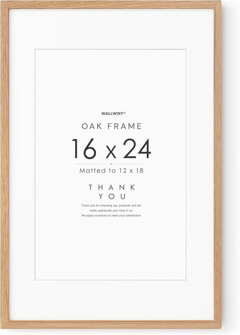 16x24 Wood Frame, Solid Oak 16x24 Poster Frames with Mat to 12x18(Openning Size is 11.7x17.7), Natural Oak 24x16 Frame, Set of 1