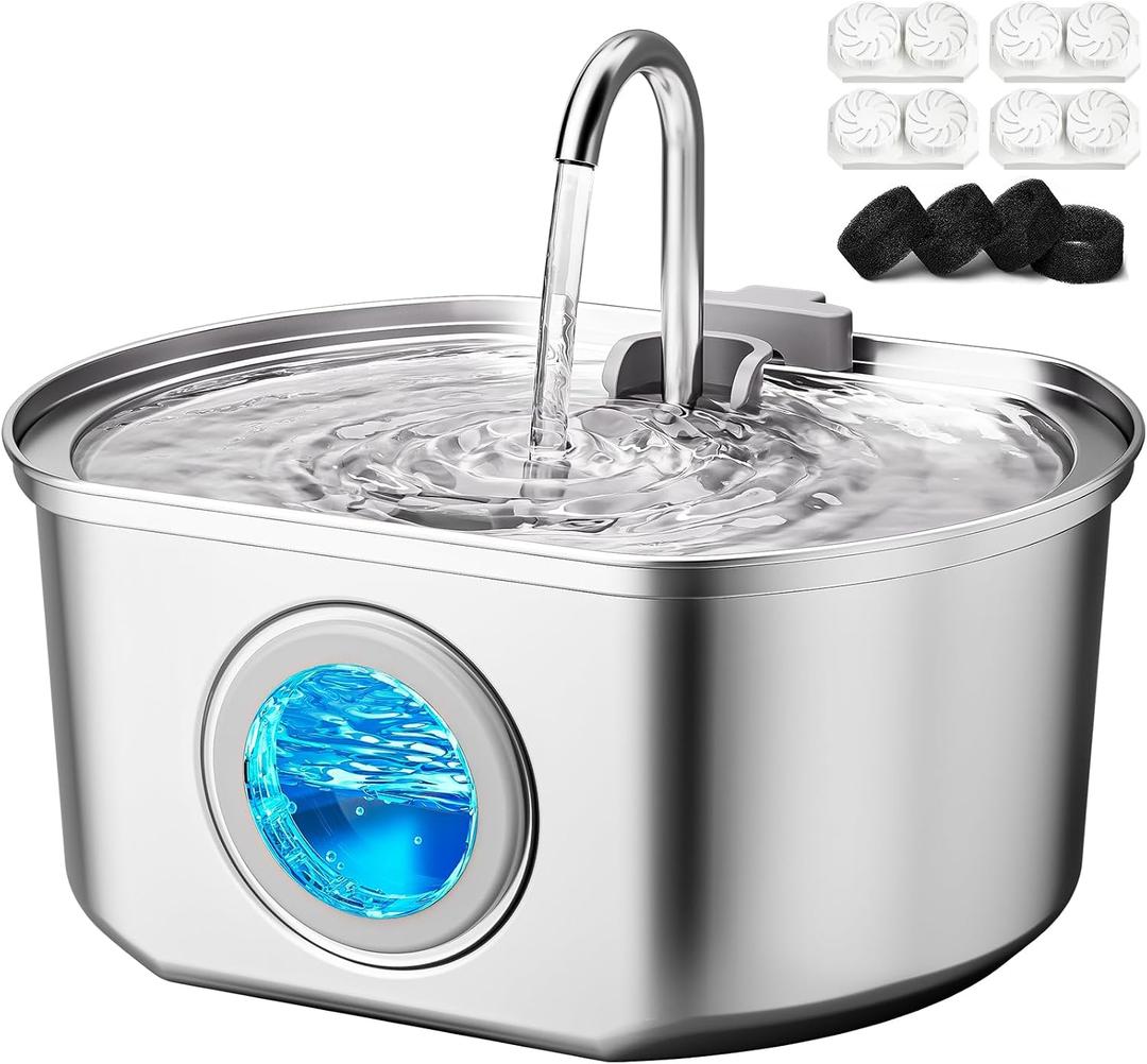 Cat Water Fountain Stainless Steel: 109oz/3.2L Cat Fountain for Drinking - Pet Water Fountain Inside - Automatic Dog Watering Dispenser Bowl - Pet Feeding & Watering Supplies - Water Level Window