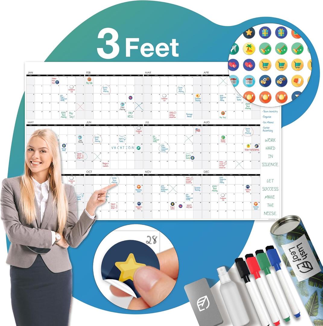 Dry Erase Calendar for Wall, 24" x 39" - Undated, Yearly, Reusable - Full 12 Month Year - Includes Markers, Eraser & Accessories