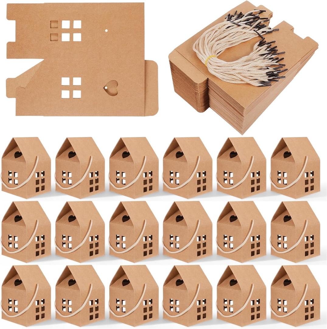 Dimeho 60pcs House Shaped Gift Boxes 5.1  3.1  3.1" Paper Candy Box Cardboard Treat Boxes Gift & Favor Box Cardboard Treat Bags for Wedding Christmas Baby Shower Birthday Party Treats Decoration (Brown)