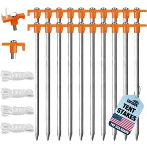 Eurmax USA 20-Pack Secure Protection Galvanized Tent Stakes,Rust-Proof Steel Canopy Anchors for High Winds,Heavy Duty Commercial Ground Pegs for Camping,Pop Up Tents&Gazebos - Includes 4x10ft Ropes