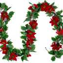 LEGOTA 3Pcs 8.53Ft Green Holly Red Berry Garland, Artificial Christmas Garland with Pine Cones and Poinsettia for Indoor Outdoor Home Decor