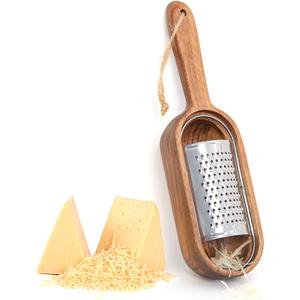 Wooden Cheese Grater with Handle, Rustic Brown Cheese Shredder with Storage Space, Handheld Kitchen Graters for Cheese Lemon Chocolate (Dropping Handle) (Acacia,Curving Handle)