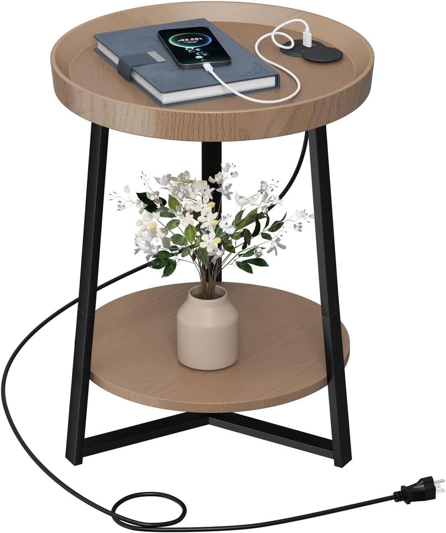 Round End Table with Charging Station, Walnut Color, 15.75"D x 15.75"W x 23"H