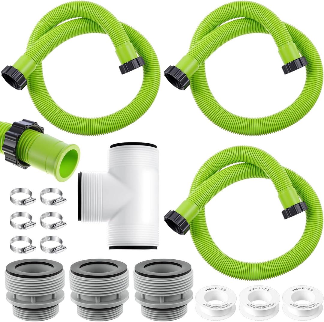 3 Pack 1.5''x59'' 29060e Flexible Pool Filter Pump Hose Kit for Above Ground Pool, with 1.5'' 3-way Connector, 3 4560 Conversion Adapters 40mm to 1.5'' for Sand Filter Saltwater(Green)