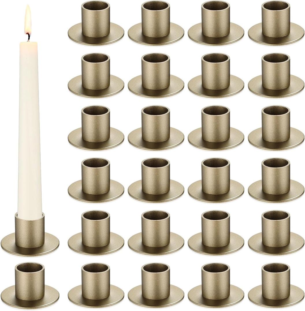 FoldTier 24 Pcs Bronze Taper Candle Holders Bulk for Pillar Candles Wedding Metal Short Candlestick Holder Bronze Centerpieces Decoration for Wedding Anniversary Dinner Party